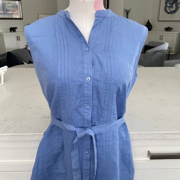 L.L.Bean 100% Linen Button Down Pleated Belted Dress Cornflower Blue Sz 10 NWOT - Picture 3 of 13